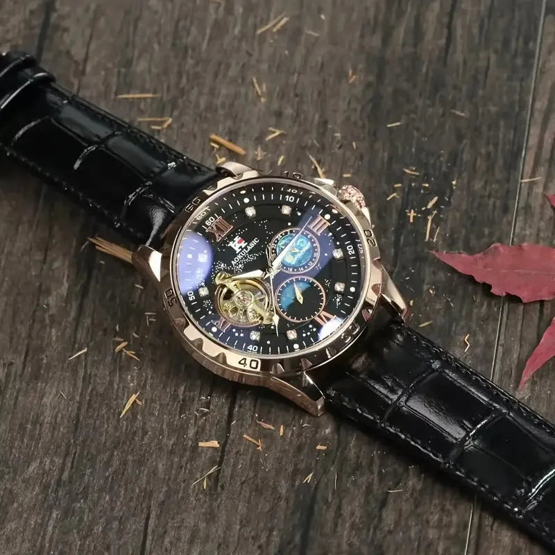 Men's black and rose gold automatic mechanical watch with hollow skeleton dial visible