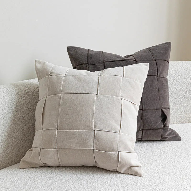 Square chenille woven sofa cushion pillow in beige, measuring 50 by 50 centimetres.