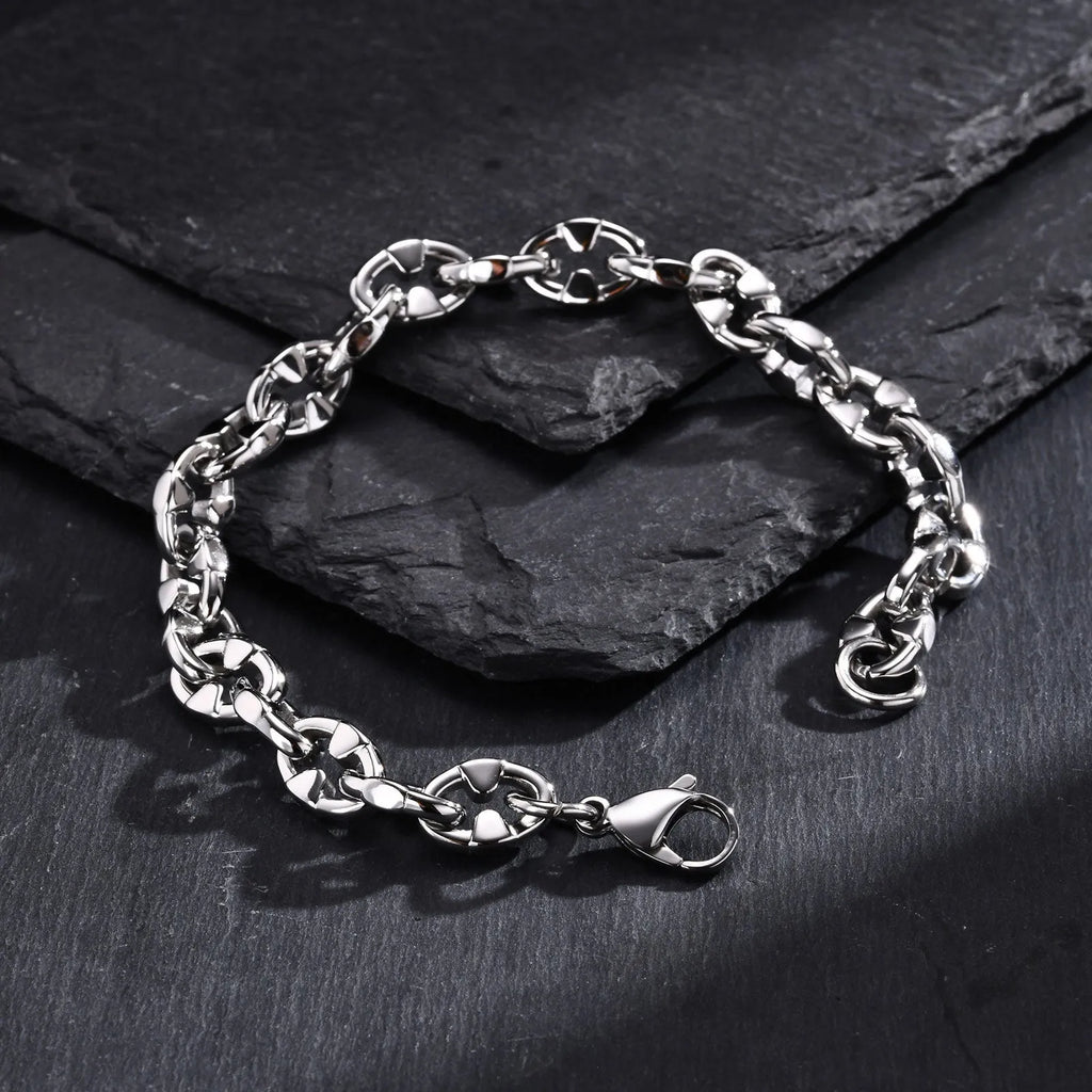Stainless steel thick chain handmade bracelet in steel colour, geometric men's hip hop jewellery.