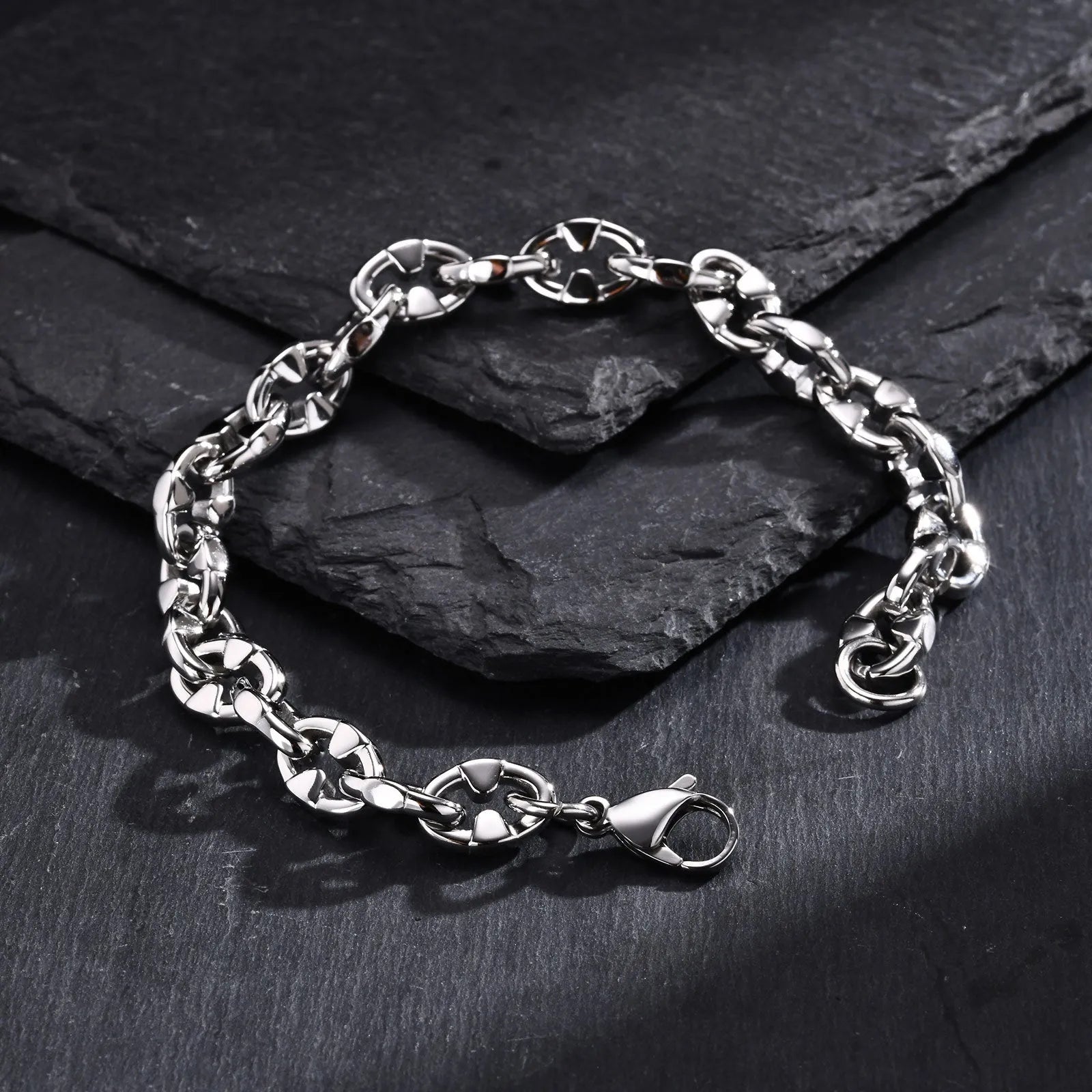 Stainless steel thick chain handmade bracelet in steel colour, geometric men's hip hop jewellery.