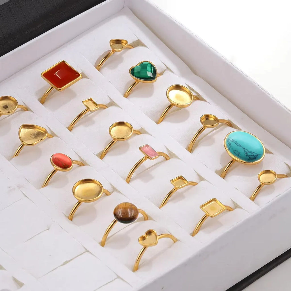 Golden electroplated stainless steel ring settings in various shapes with totem pattern texture and ring holder