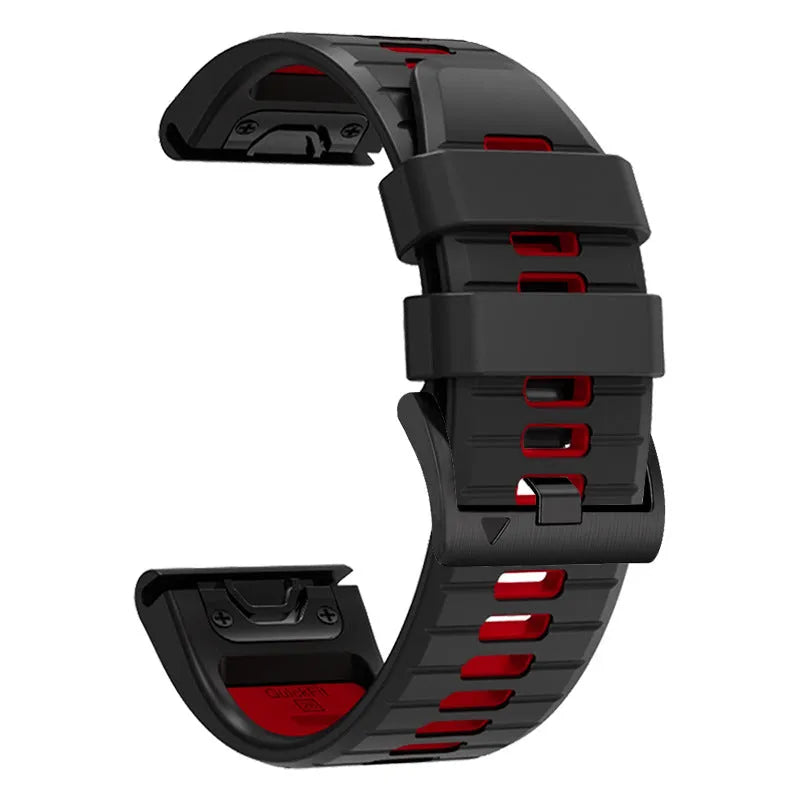 Two-tone quick release silicone watch strap for Garmin Fenix watches in 22mm and 26mm widths.