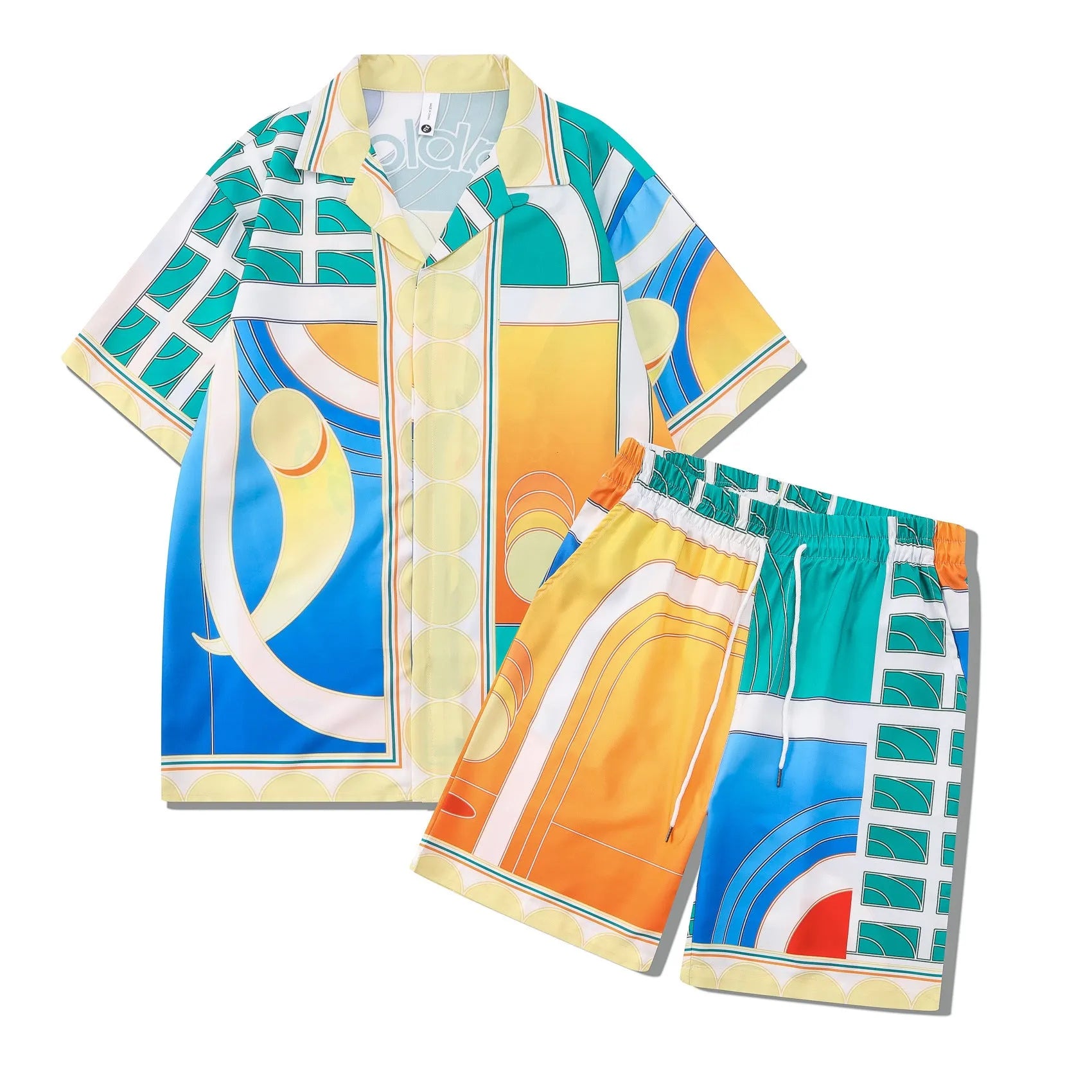 Plaid print short-sleeve shirt and trouser beach outfit set on a mannequin