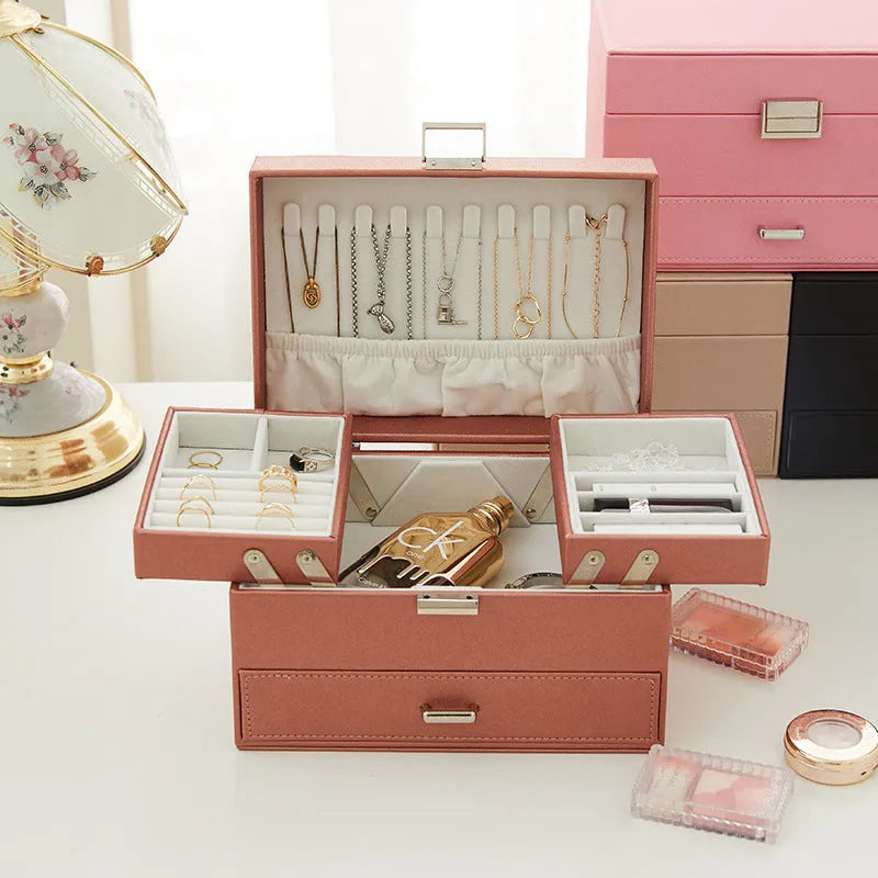 PU leather jewellery storage box in black, pink, rose gold, or beige with hard construction