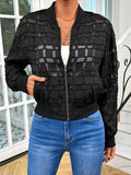 Black women's casual jacket with geometric pattern on semi-transparent polyester fabric featuring front zipper
