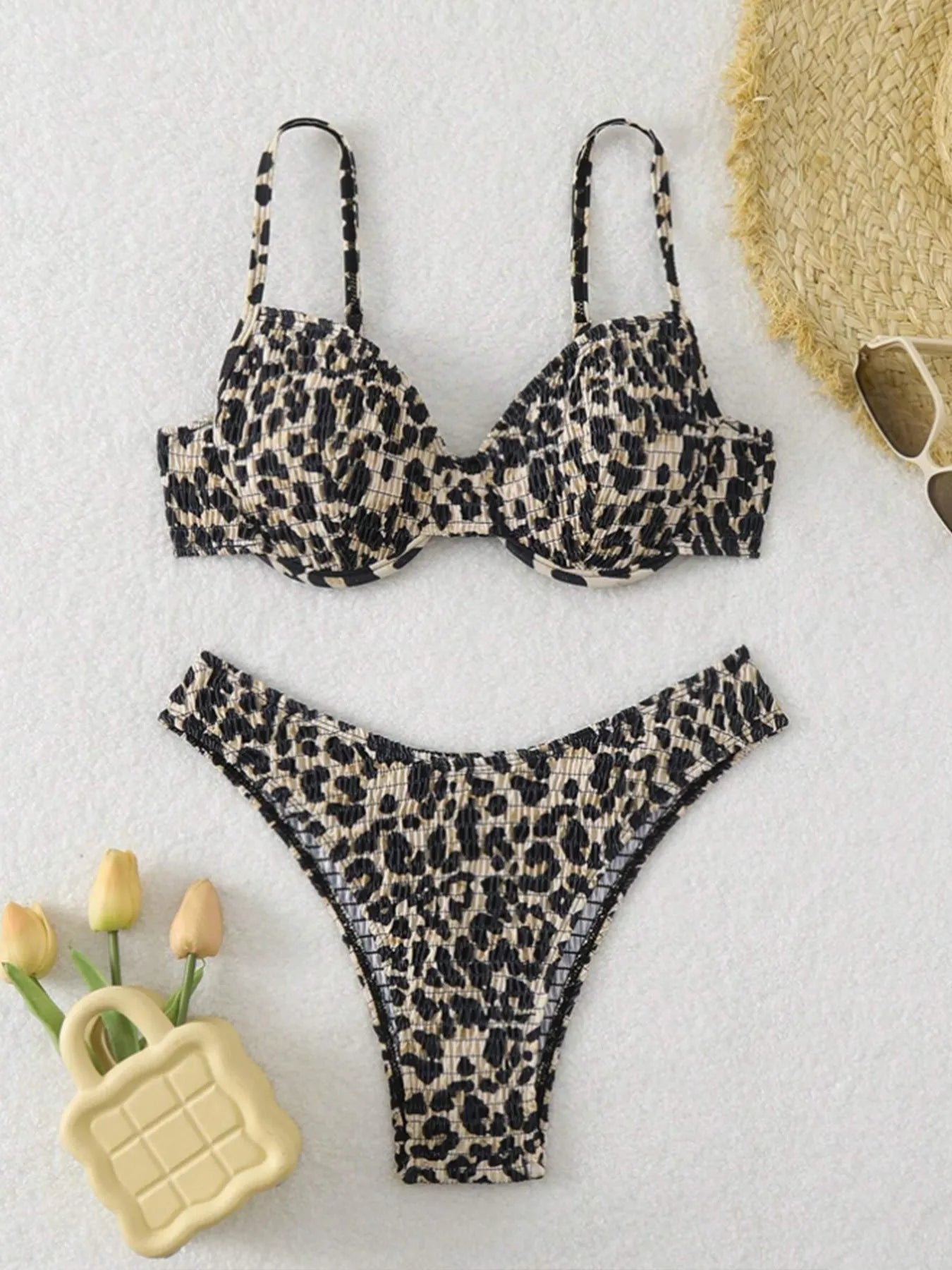 Leopard point backless bikini swimsuit in brown and red mixed colours, sizes S M L