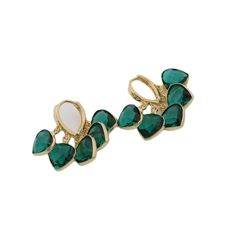 Korean style green heart shaped glass pendant ear clip earrings with alloy inlaid gemstones