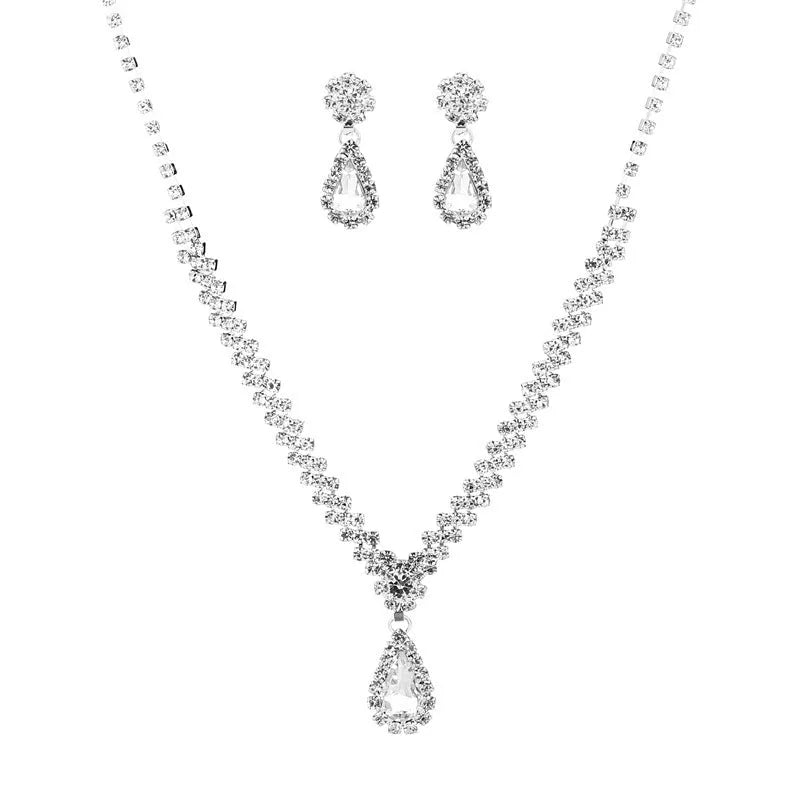 Claw chain necklace and earrings set with water drop rhinestones in multiple colour options