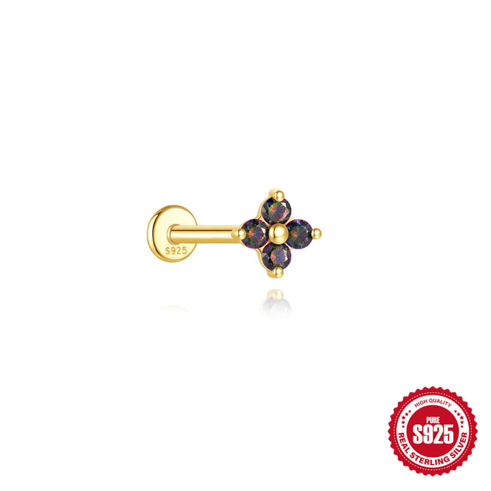 S925 sterling silver flat head thread piercing earring with a rainbow stone in a geometric shape.