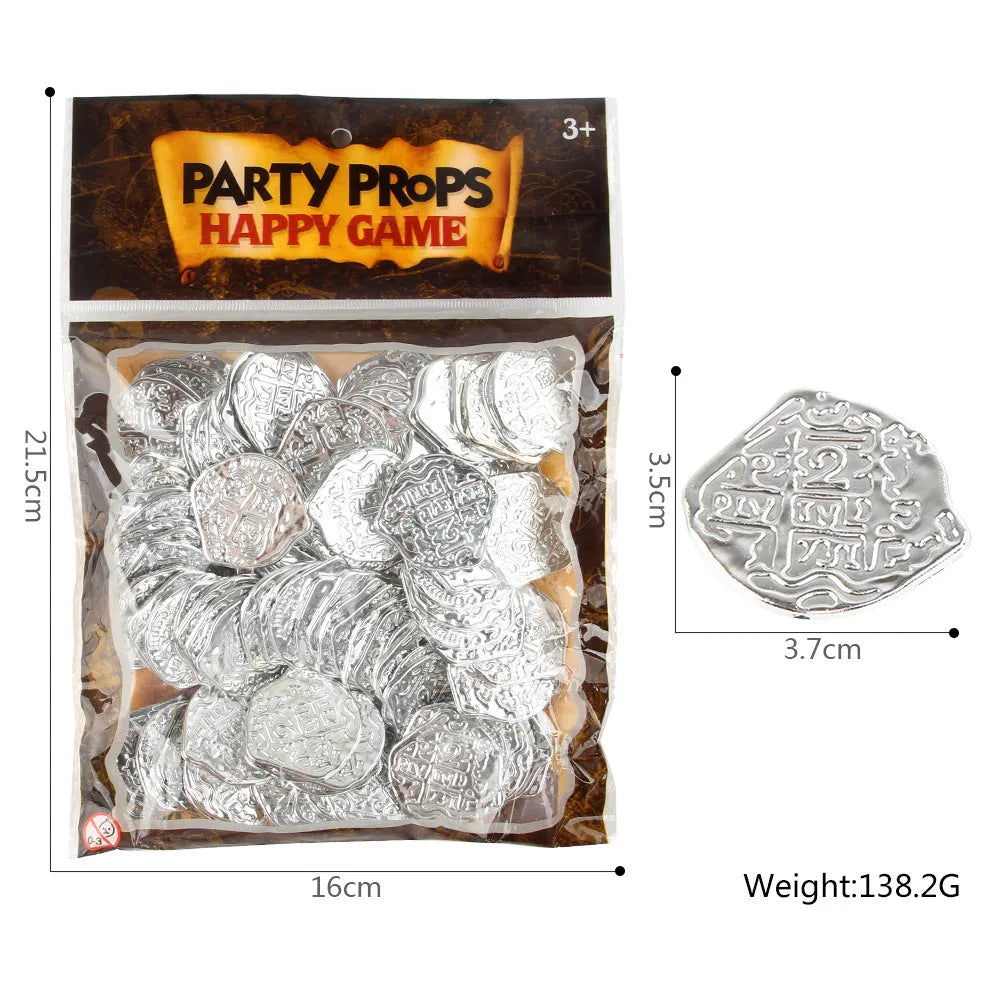 Pile of 100 bronze plastic Roman replica coins with electroplated finish for pirate props