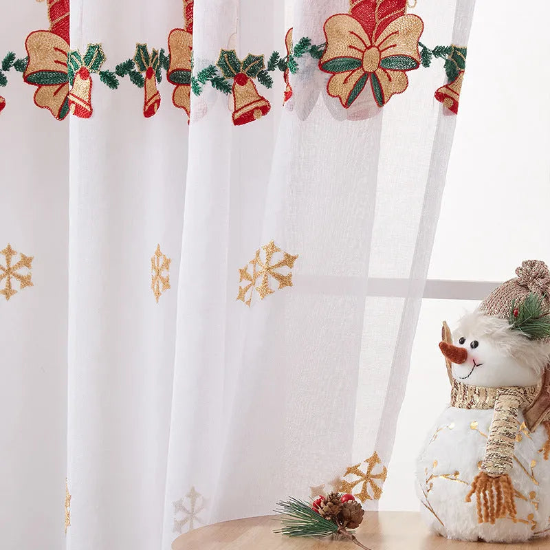 Pair of American-style Christmas curtains with white snowflake embroidery on red polyester fabric.
