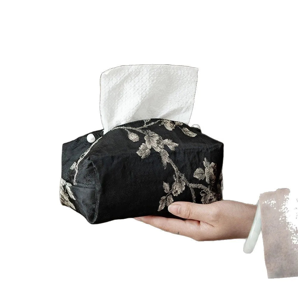 New Chinese style brocade fabric tissue box with white plum embroidery pattern