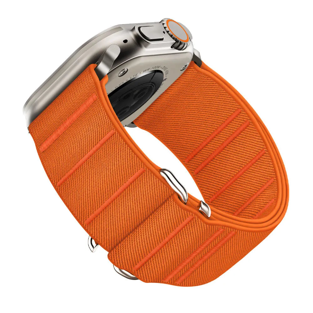 Elastic nylon Apple Watch replacement band with stainless steel buckle shown in multiple colour options.