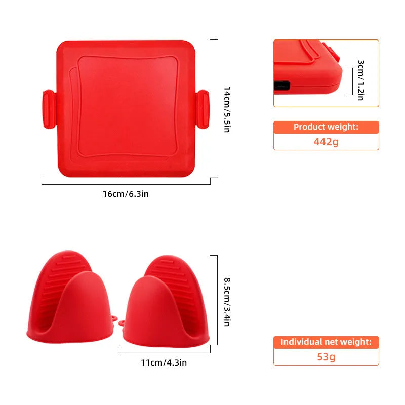 Red silicone baking tray with heat-resistant gloves on kitchen counter