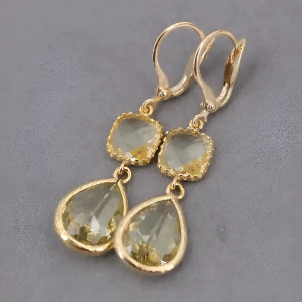 Gold geometric long fringe earrings with crystal water droplets on a retro copper base