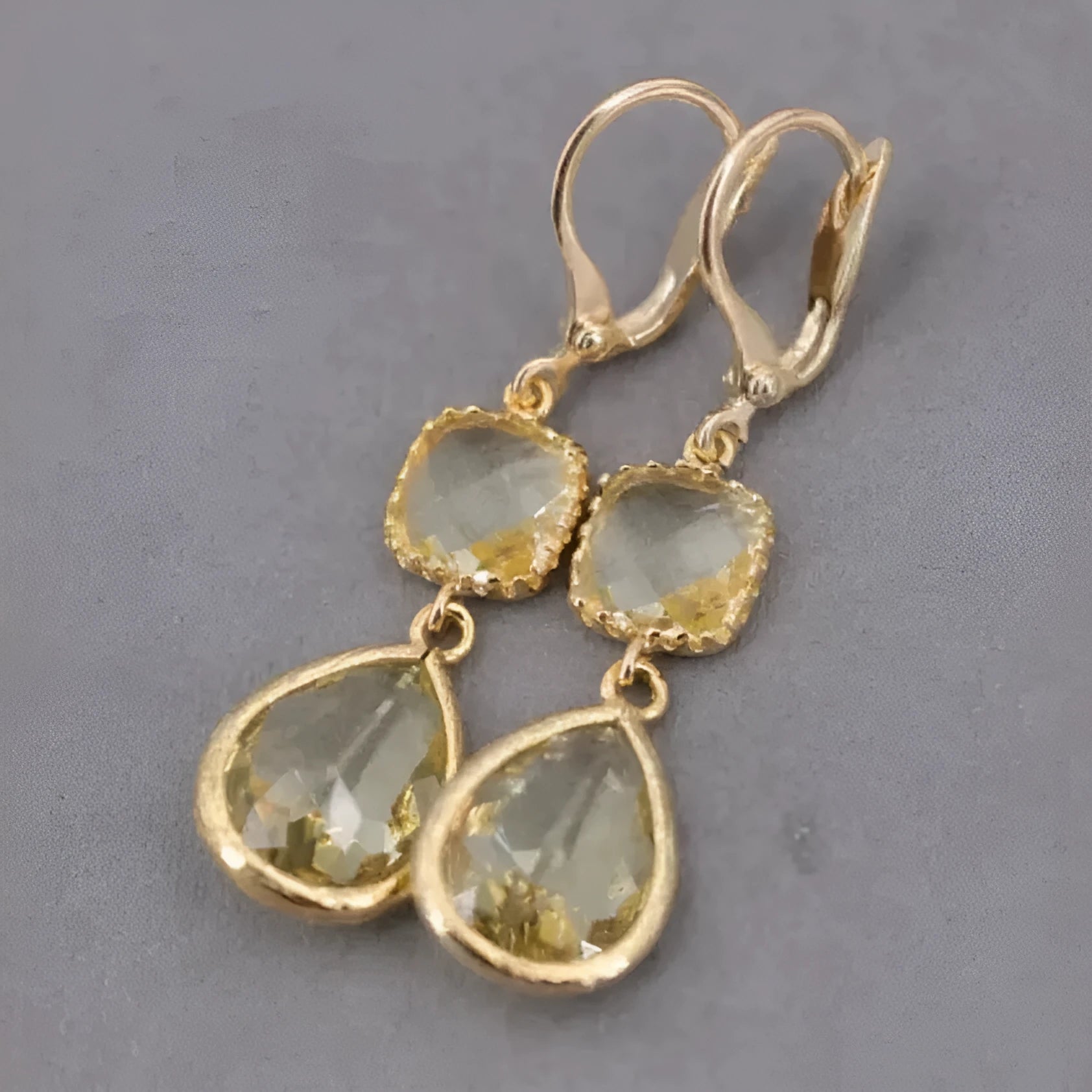Gold geometric long fringe earrings with crystal water droplets on a retro copper base