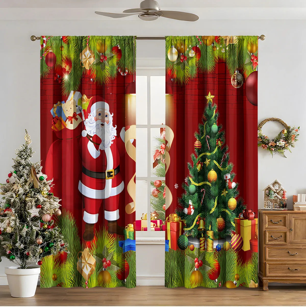 A pair of 3D digitally printed Christmas curtains with a modern festive pattern, hung on a window.