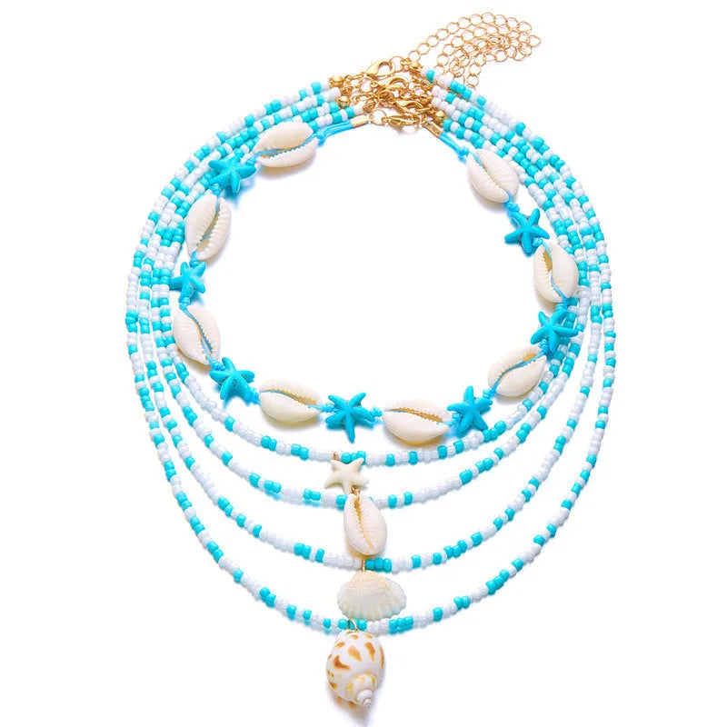 Multi-layer women's necklace with starfish shell pendants on adjustable bead chain