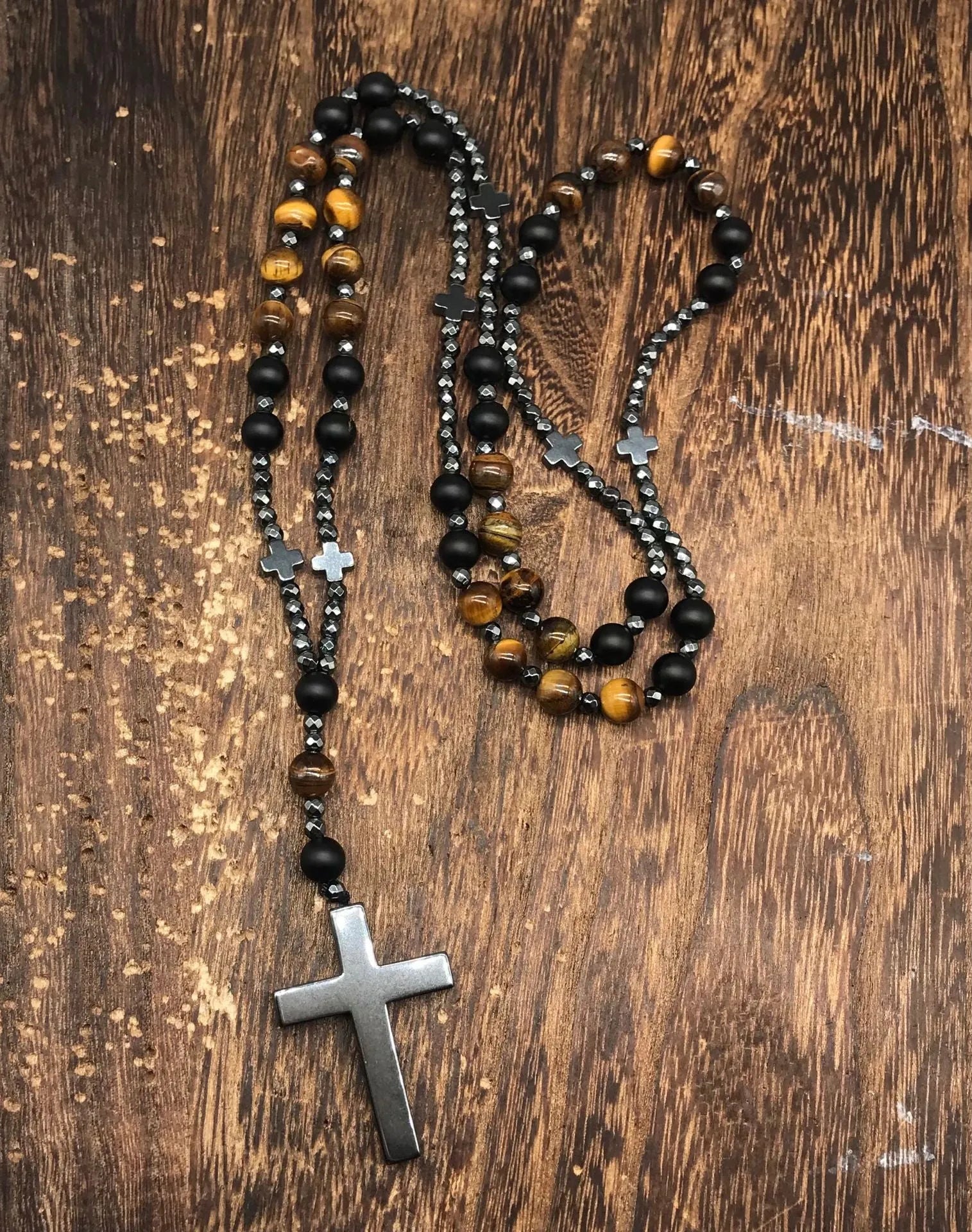 Men's stone cross pendant necklace on an 80cm ball bead chain with a safety lock.