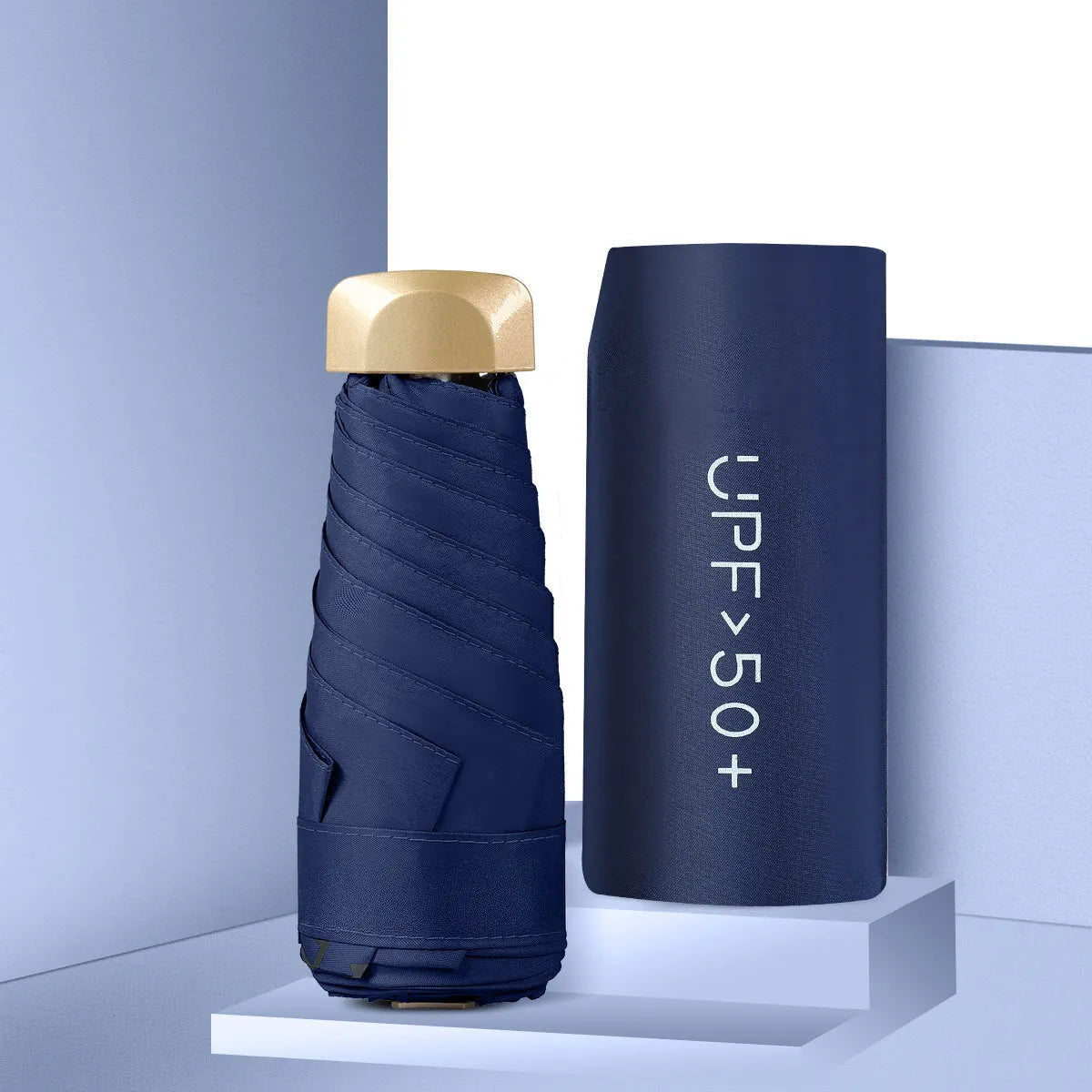 Closed five-fold mini pocket sun umbrella showing compact size and rubber handle