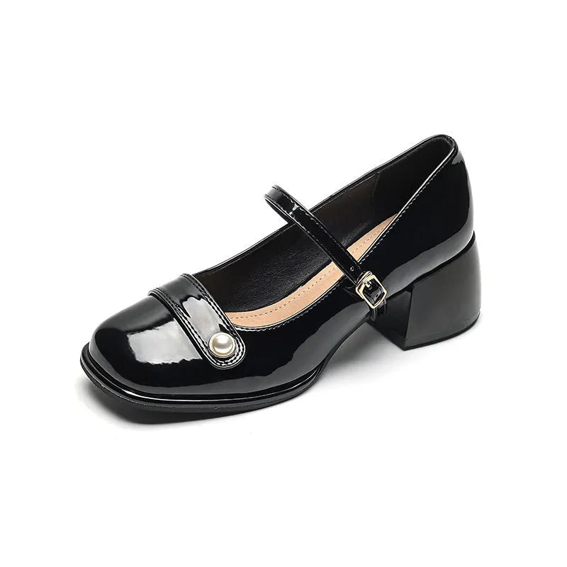 French style women's ankle boots with chunky block heels and patent leather upper in three colour options