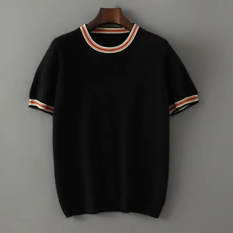 Men's grey pure wool short sleeve pullover sweater with round neck on a hanger.