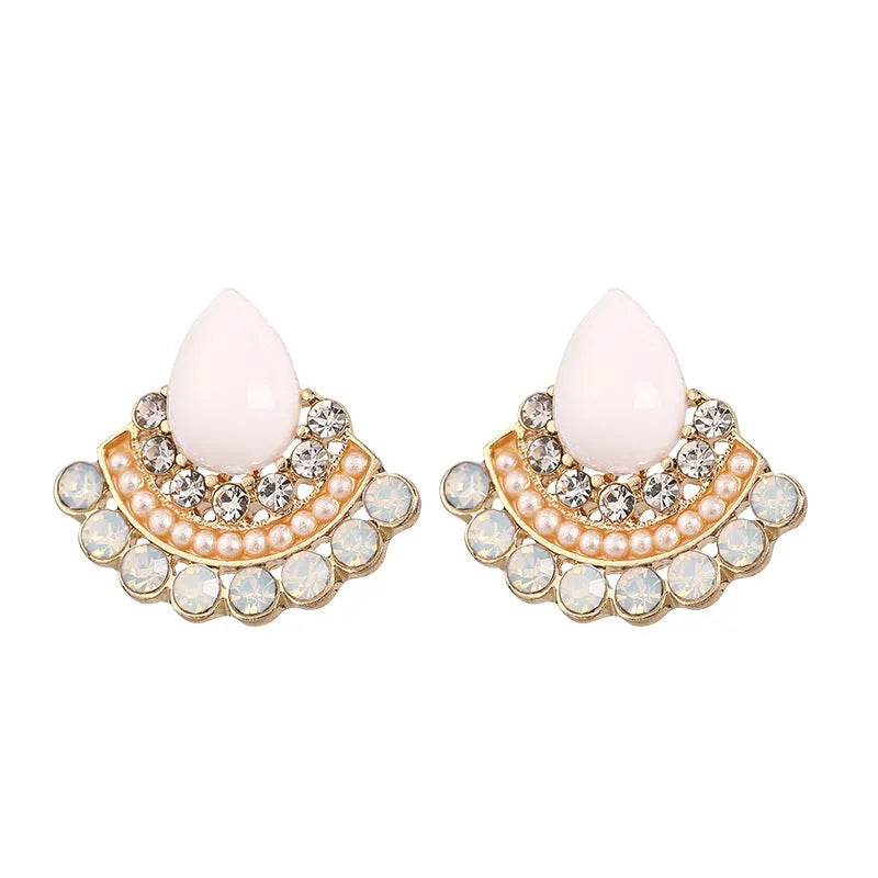 Silver retro fan-shaped earrings with rhinestone and opal geometric design