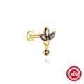 S925 sterling silver flat head thread piercing earring with a rainbow stone in a geometric shape.