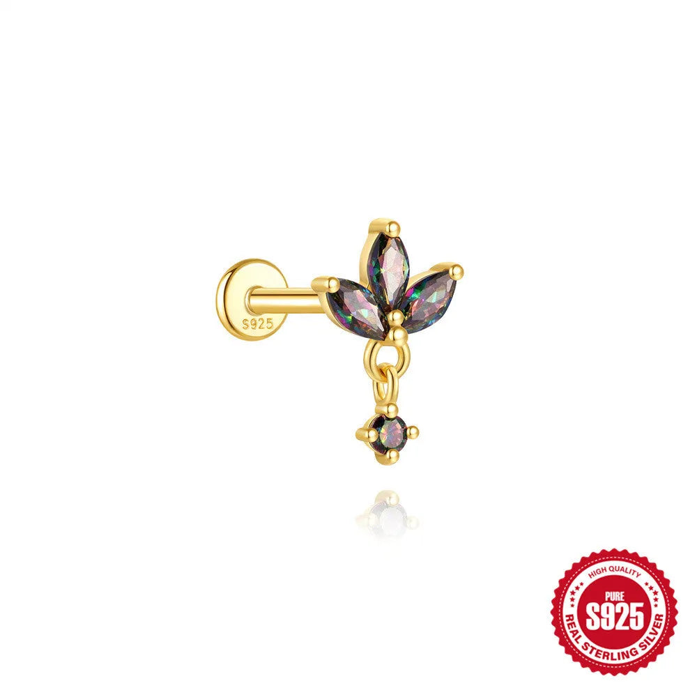 S925 sterling silver flat head thread piercing earring with a rainbow stone in a geometric shape.
