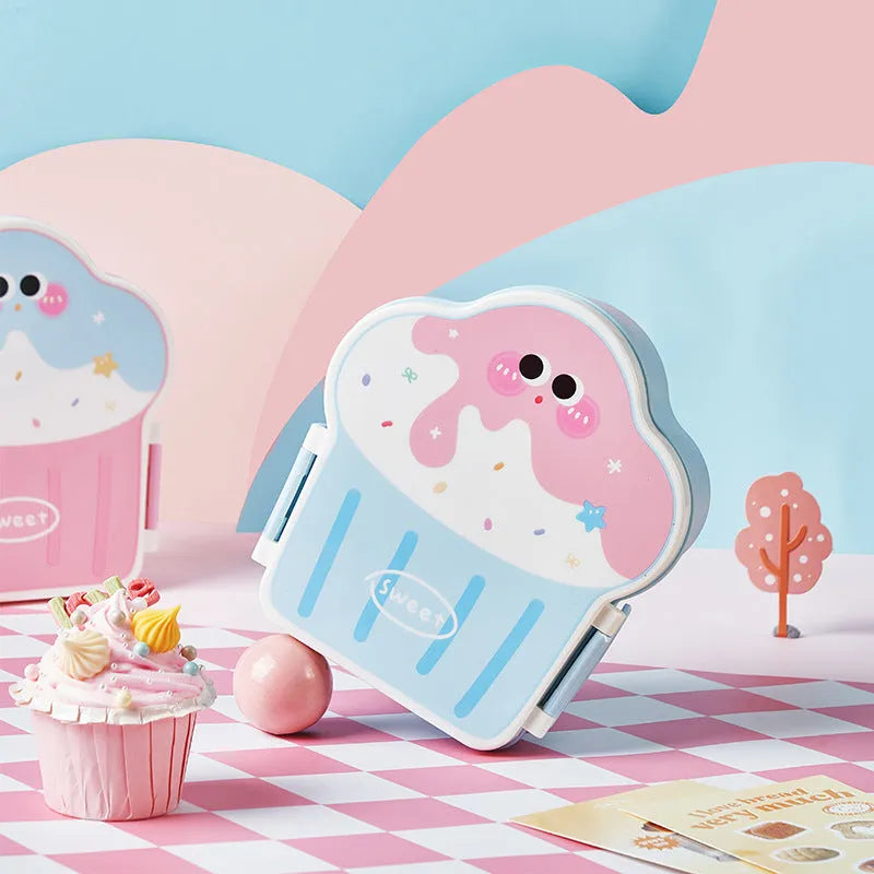 Creative ice cream shaped plastic lunch box with bento compartments and included spoon and fork set