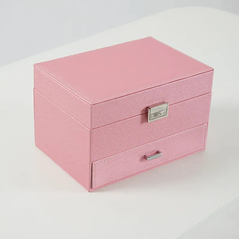 PU leather jewellery storage box in black, pink, rose gold, or beige with hard construction