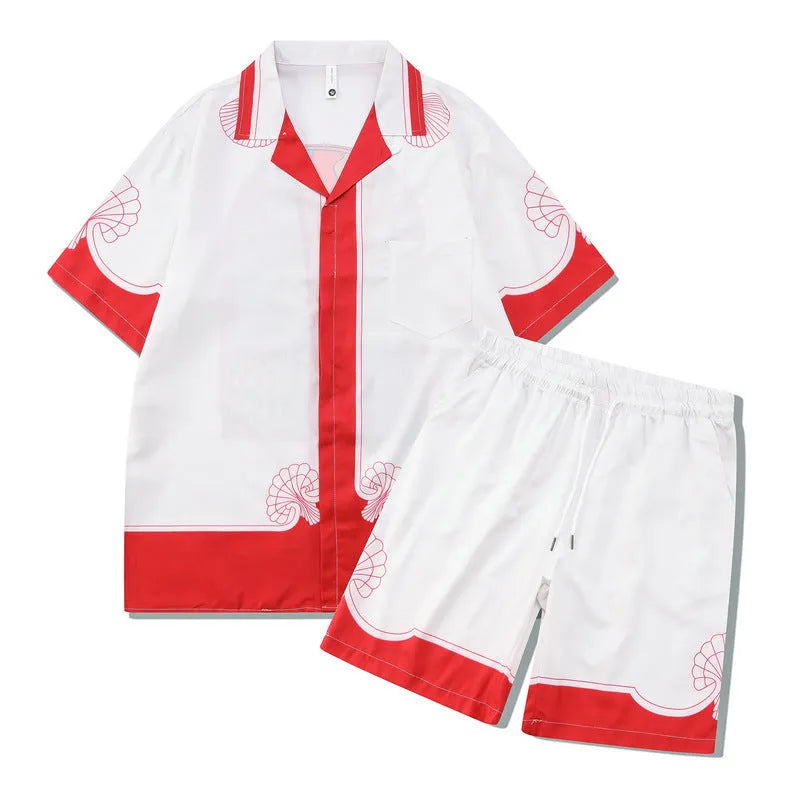 Plaid print short-sleeve shirt and trouser beach outfit set on a mannequin