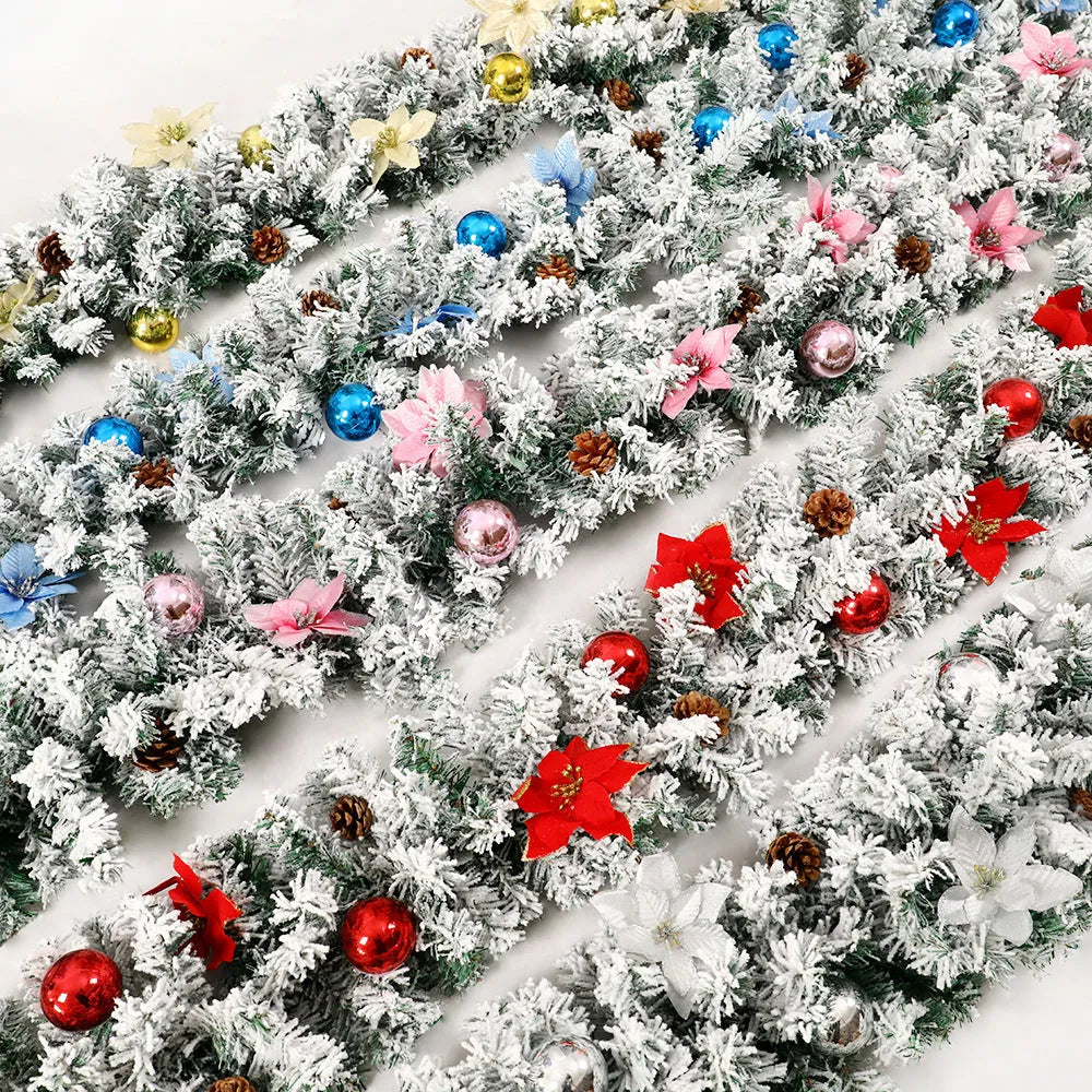 American style flocked rattan Christmas garland vine in a choice of five colours: gold, blue, silver, pink, or red.