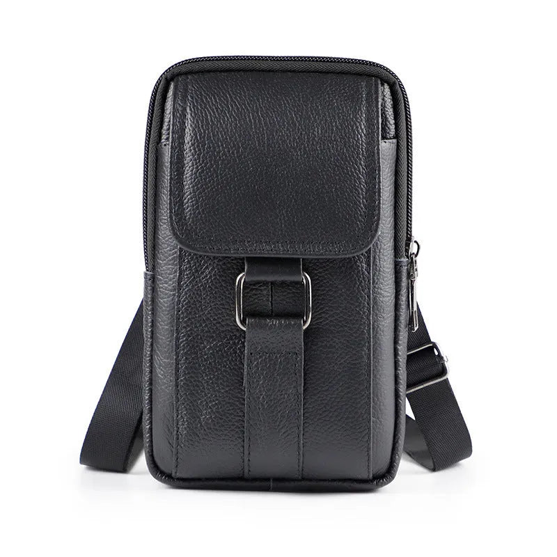 Men's black genuine leather waist bag with square shape and crossbody strap