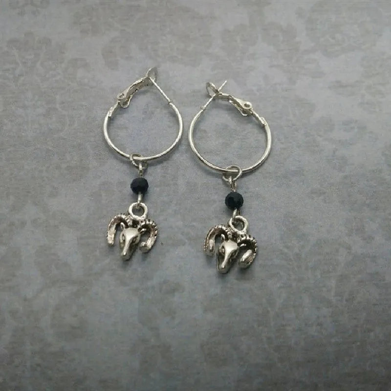 Silver Tibetan antelope design round ring earrings for women
