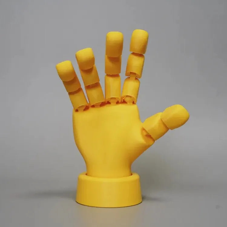 Yellow 3D printed hand props with movable joints for photography and displays