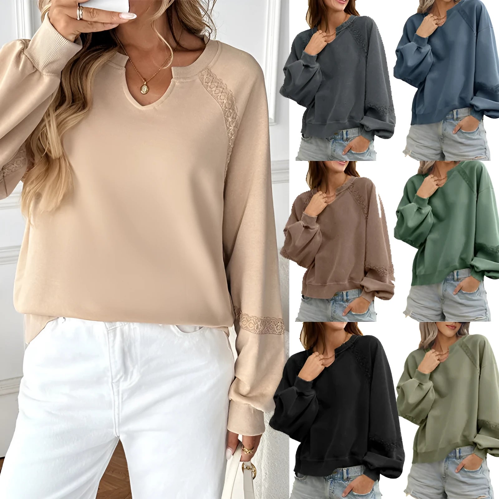 Women's half-open collar sweater with stitching lace detail in cotton-polyester fabric
