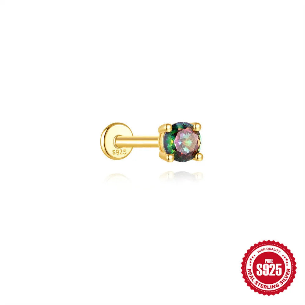 S925 sterling silver flat head thread piercing earring with a rainbow stone in a geometric shape.