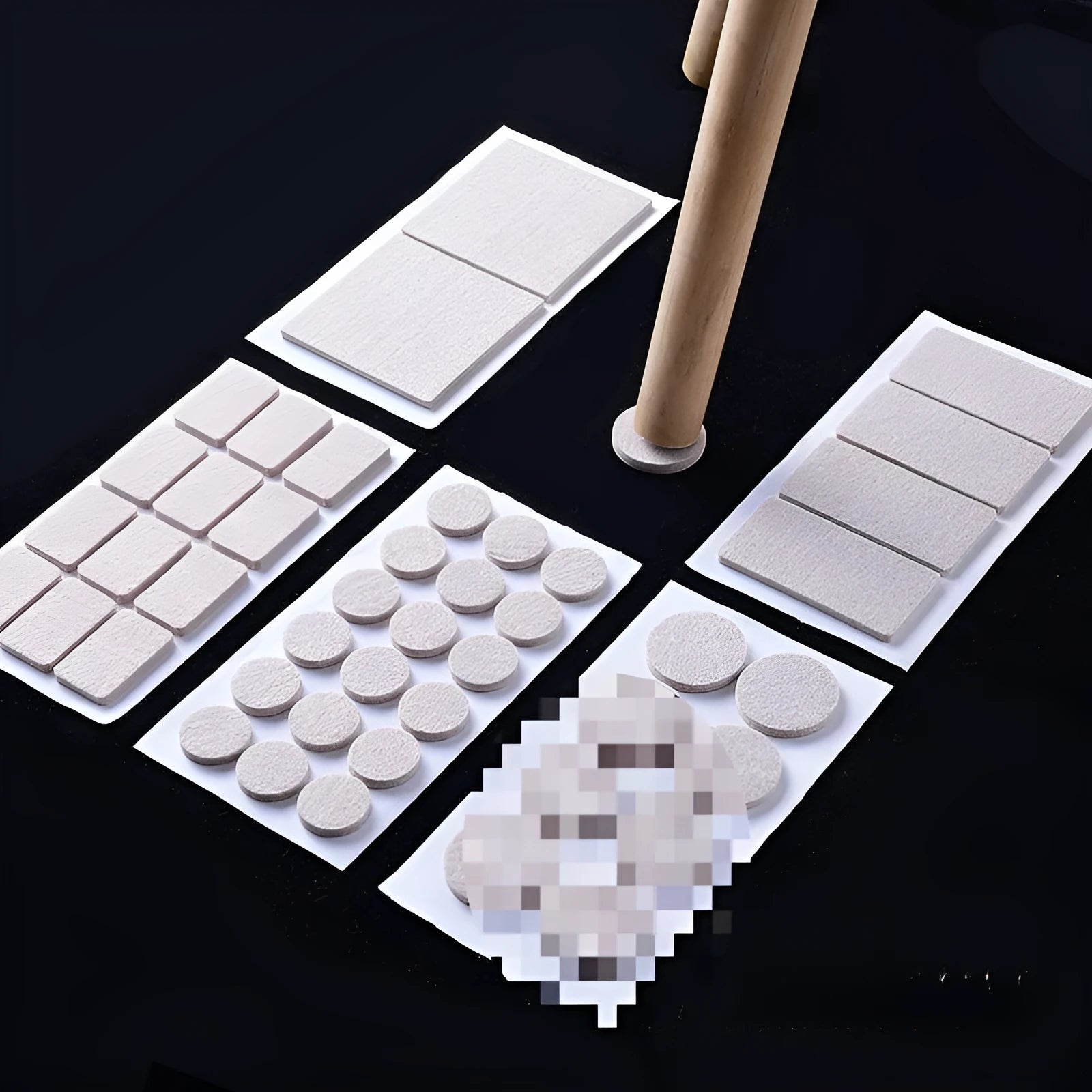 Beige plastic chair leg stoppers in round and square shapes with multiple size options