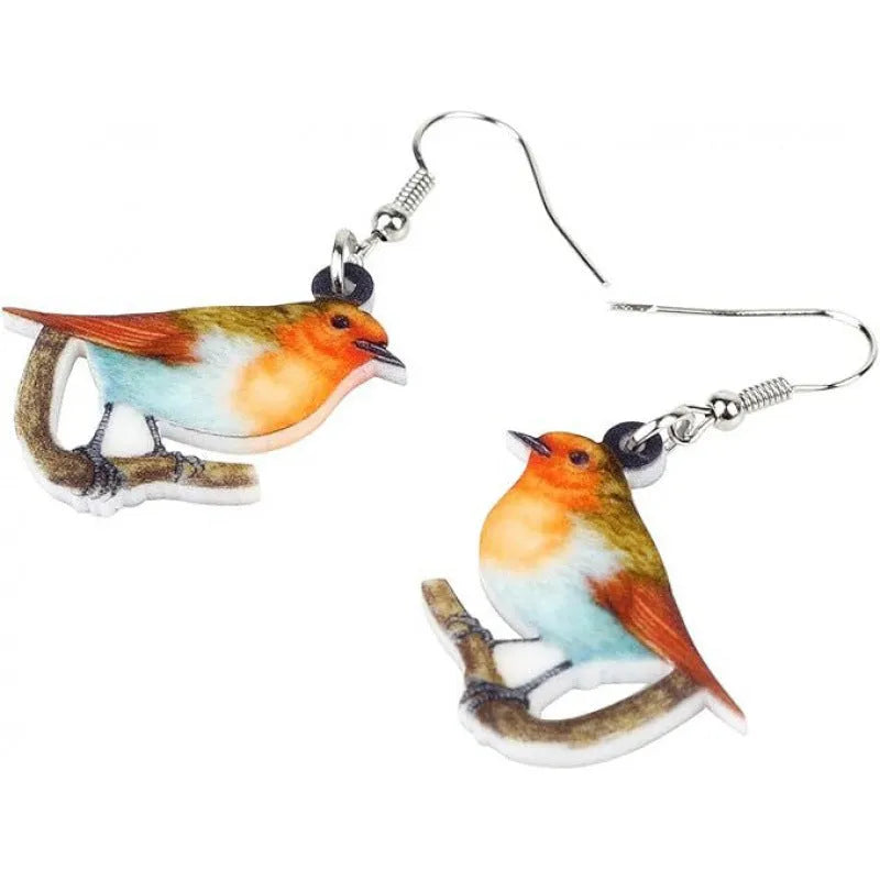 Acrylic blue titmouse pendant earrings with snake charm detail and printed animal design