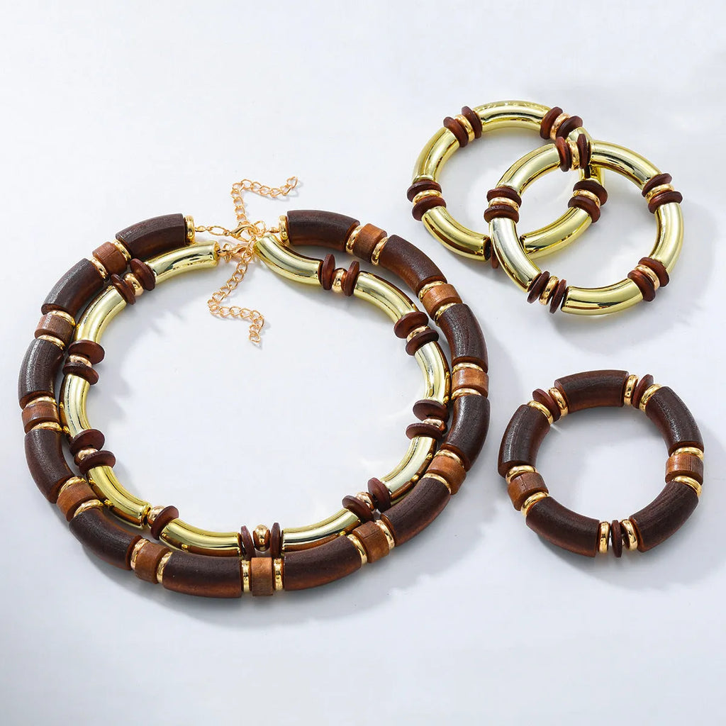 Women's multi-layer wooden necklace and bracelet set with alloy construction and circular design elements