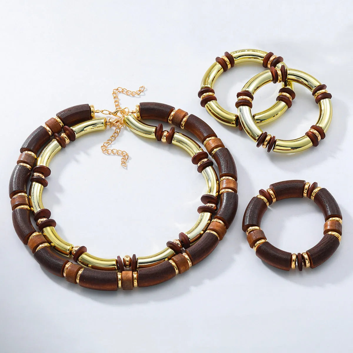 Women's multi-layer wooden necklace and bracelet set with alloy construction and circular design elements