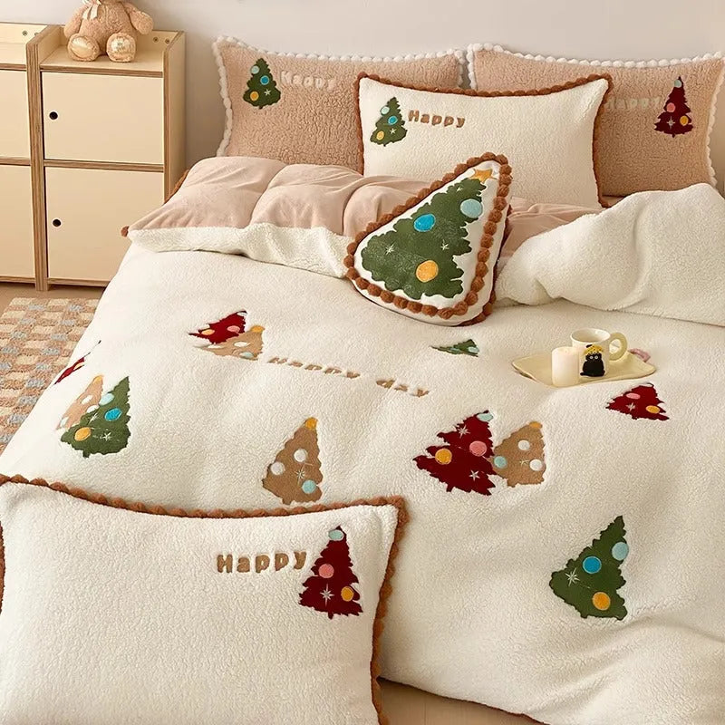 Bright yellow fleece-lined cartoon animation Christmas bedding four-piece set on a bed