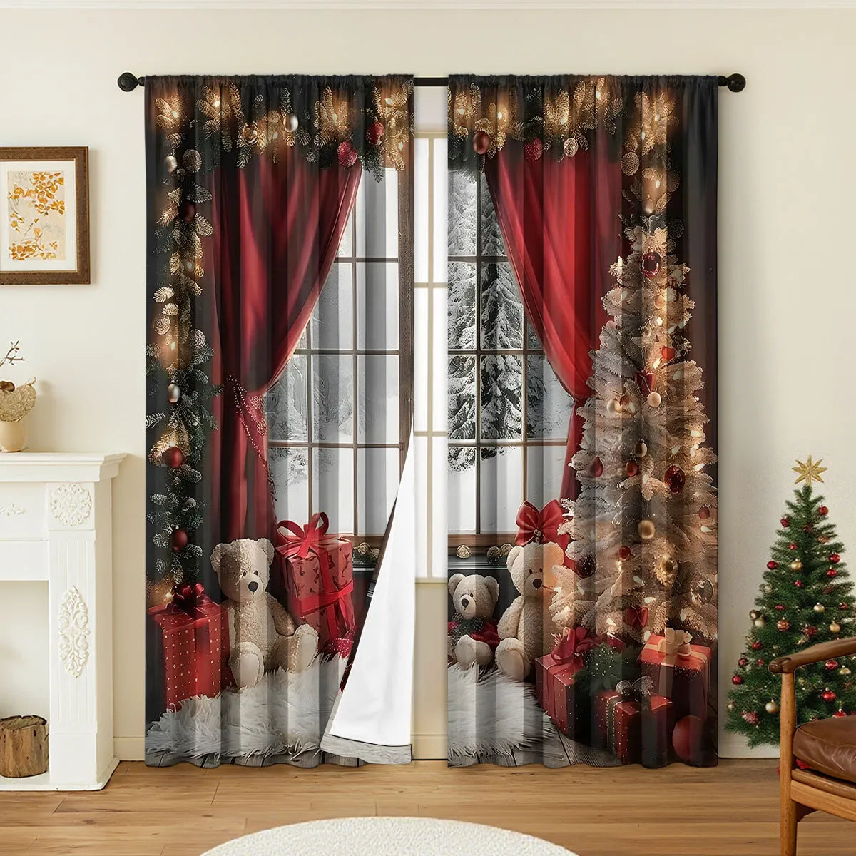 A pair of 3D digitally printed Christmas-themed curtains made from polyester fabric.