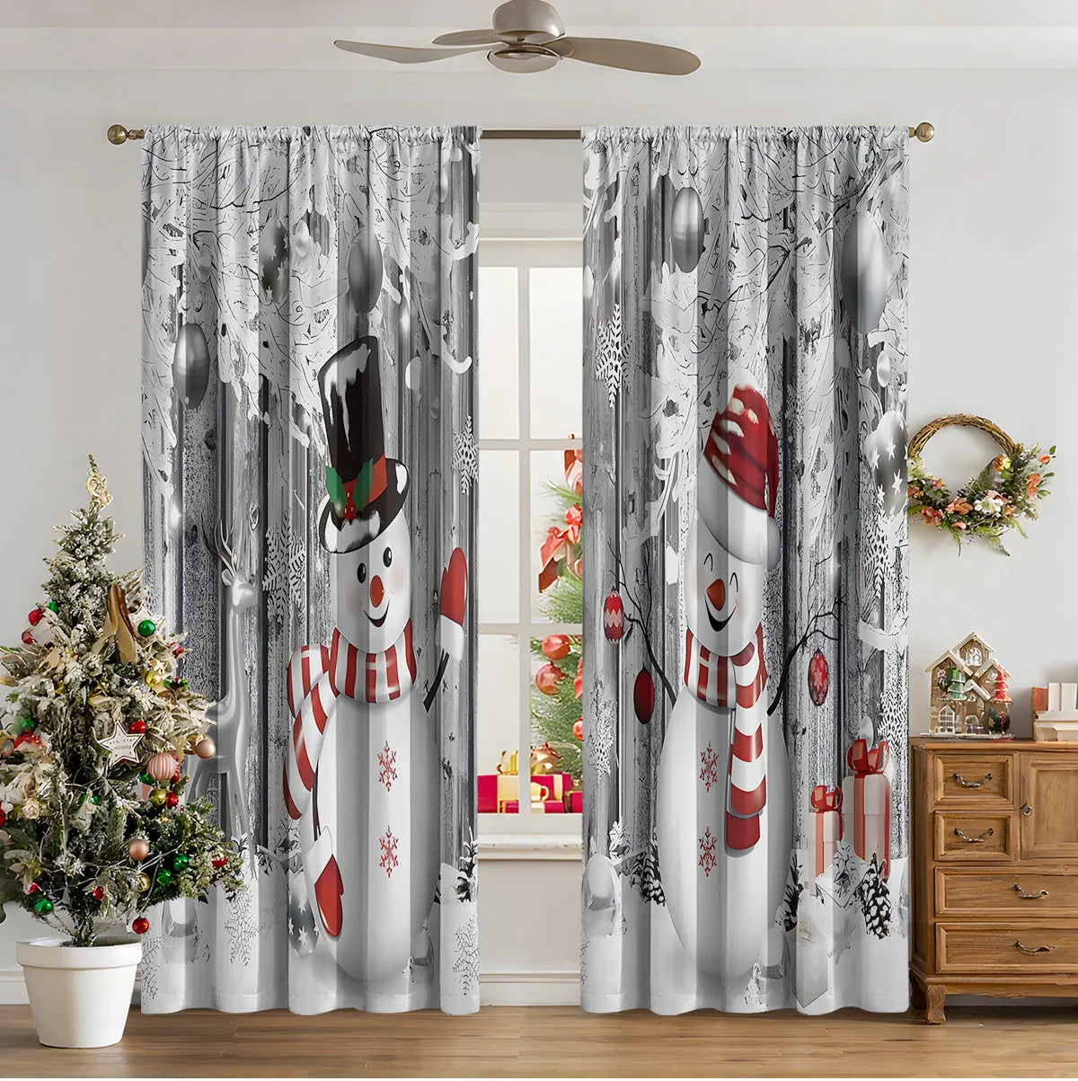 A pair of 3D digitally printed Christmas curtains with a modern festive pattern, hung on a window.