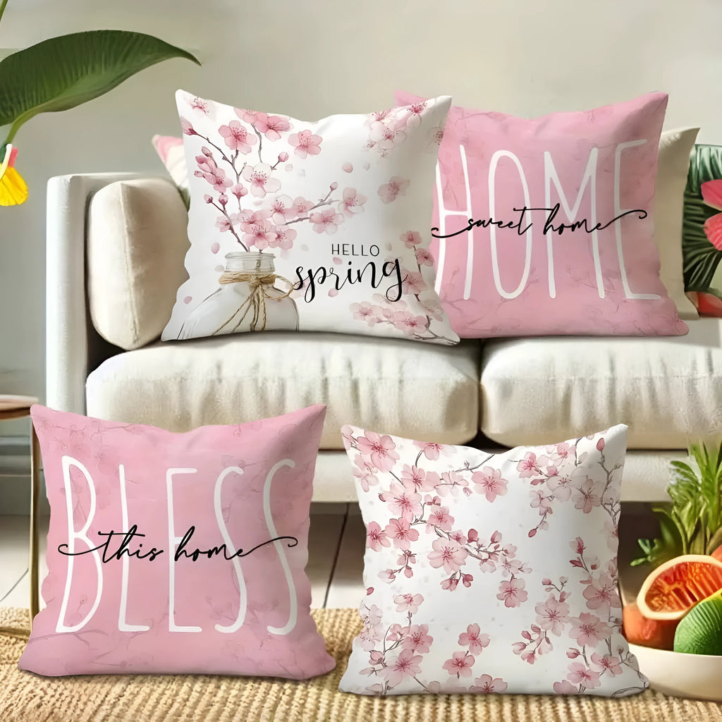 Square cherry blossom letter patterned cushion cover on a sofa, short velvet fabric.