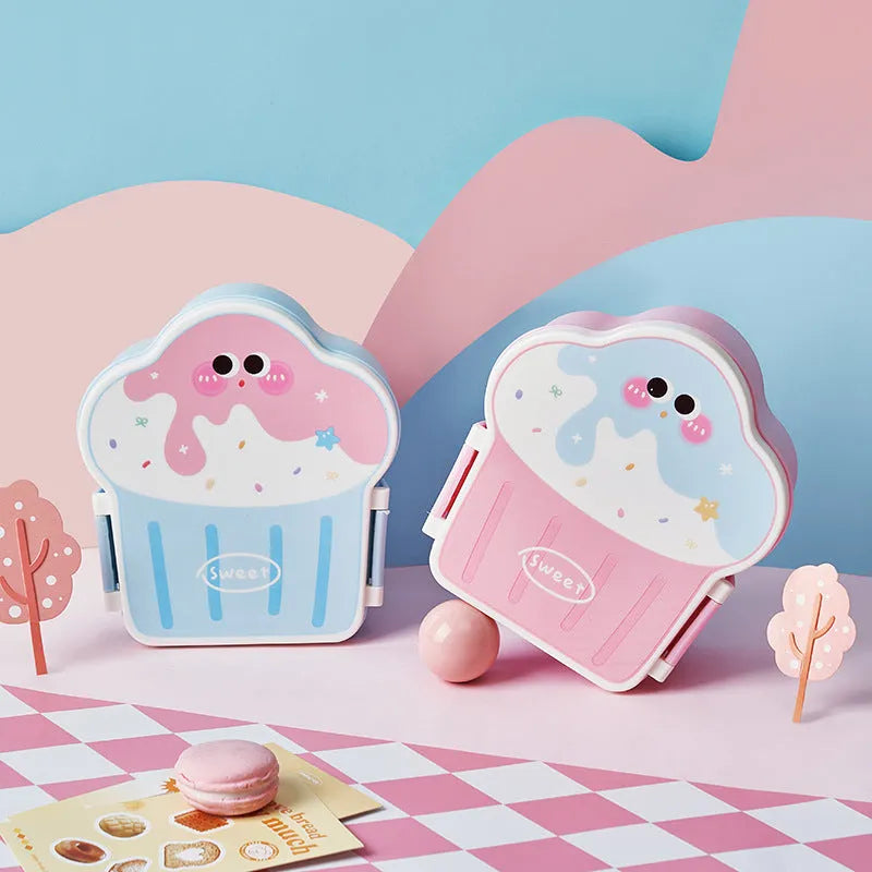Creative ice cream shaped plastic lunch box with bento compartments and included spoon and fork set