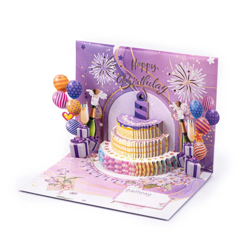 Chinese ink style three-dimensional birthday cake greeting card with hand-folded paper construction