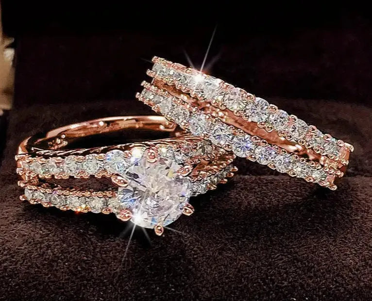 2 in 1 fully jewelled female ring set in alloy showing gold, rose gold and silver colour options