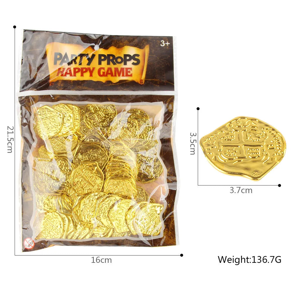 Pile of 100 bronze plastic Roman replica coins with electroplated finish for pirate props